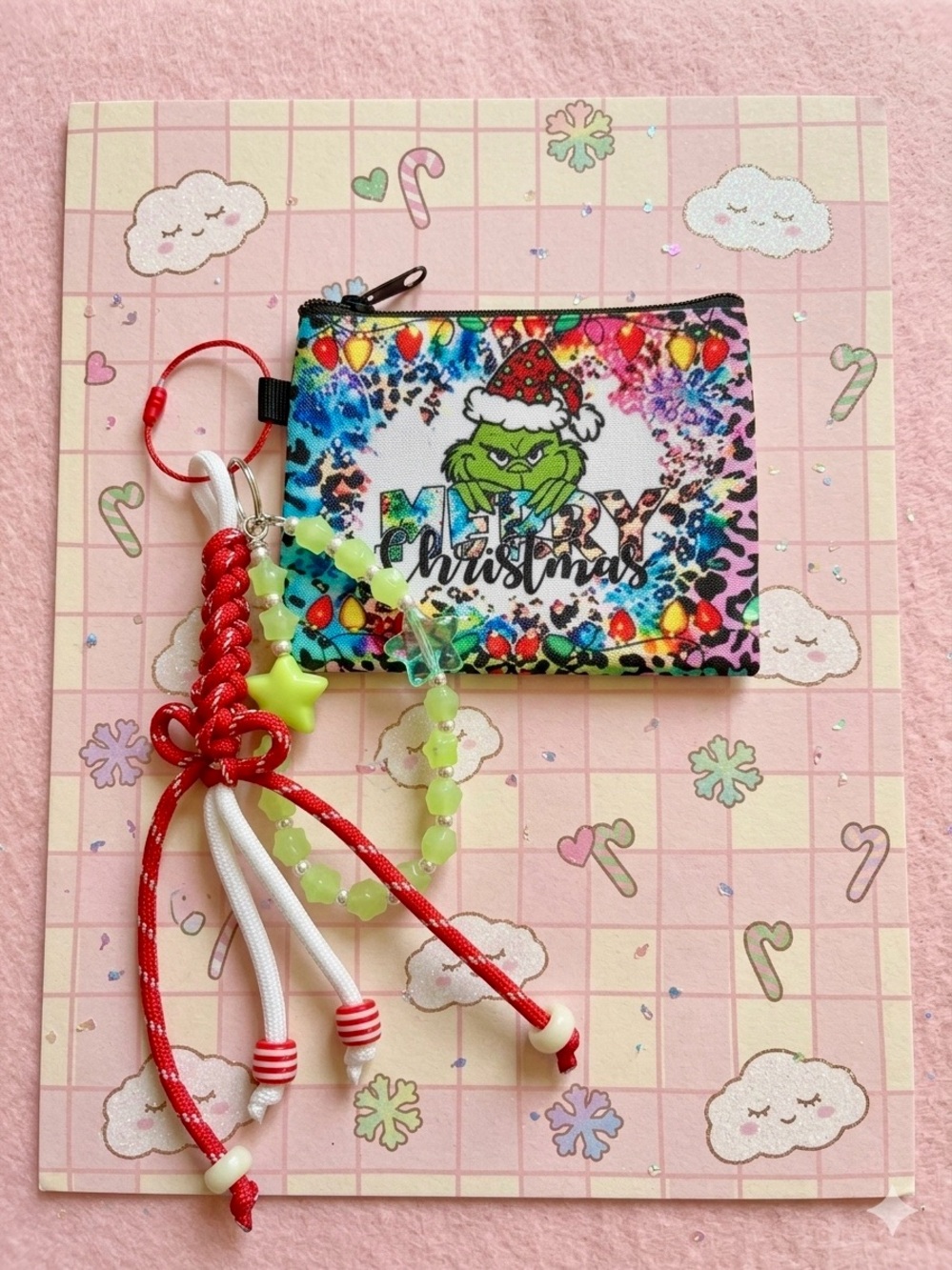 Grinch Christmas Kids Coin Purse with Beaded Charm - Pink/Green